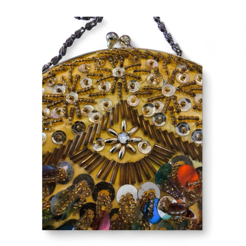 Vintage Beaded Sequin Evening Bag Gold Fringe Kiss Lock Boho Glam - Picture 5 of 10
